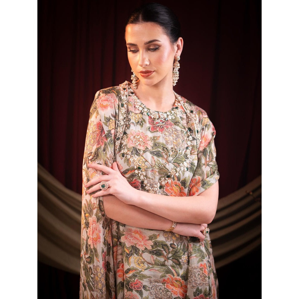 Sainy Garg Couture Beige Aurora Sharara with Top and Cape (Set of 3)