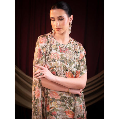 Sainy Garg Couture Beige Aurora Sharara with Top and Cape (Set of 3)