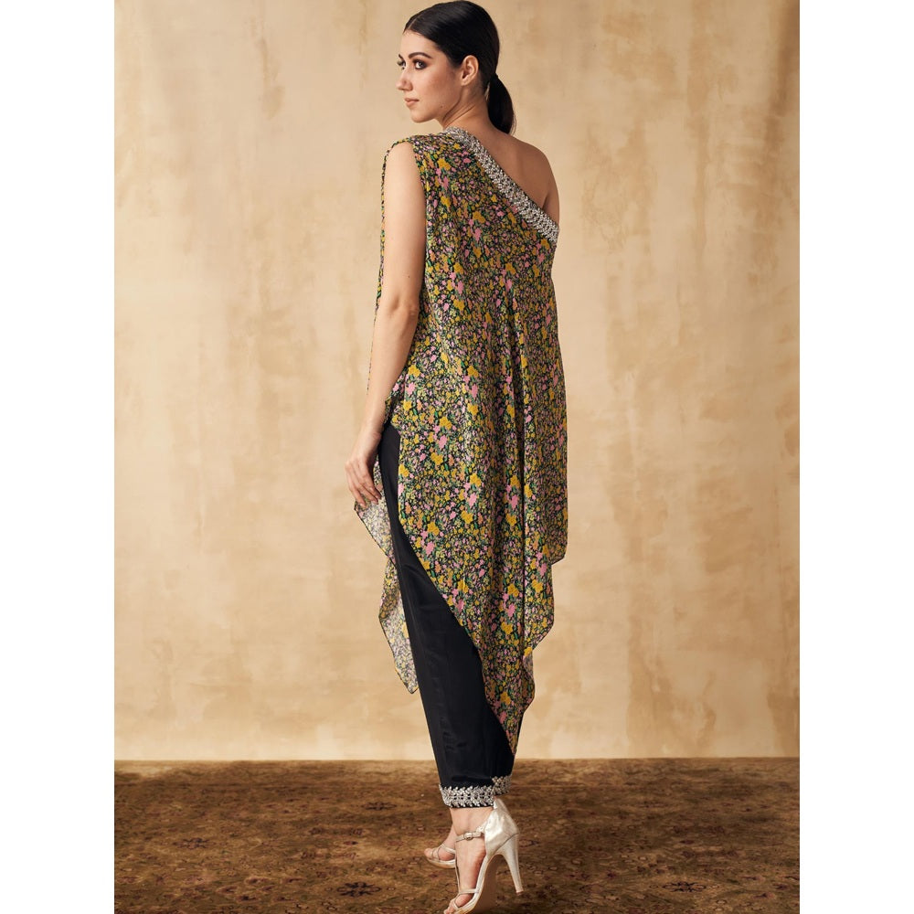 Sakshi Girri Black One Shoulder Tunic with Pant (Set of 2)