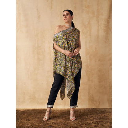 Sakshi Girri Black One Shoulder Tunic with Pant (Set of 2)
