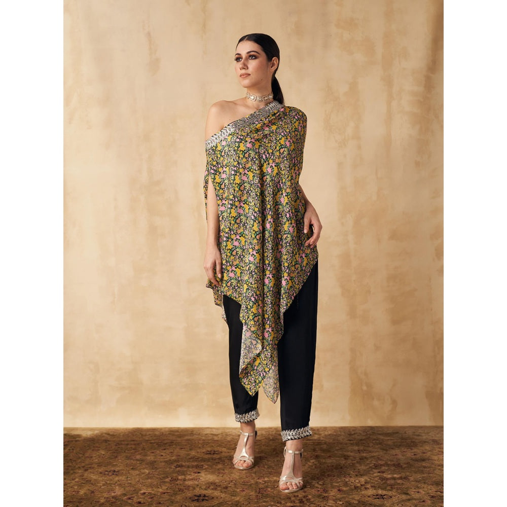 Sakshi Girri Black One Shoulder Tunic with Pant (Set of 2)