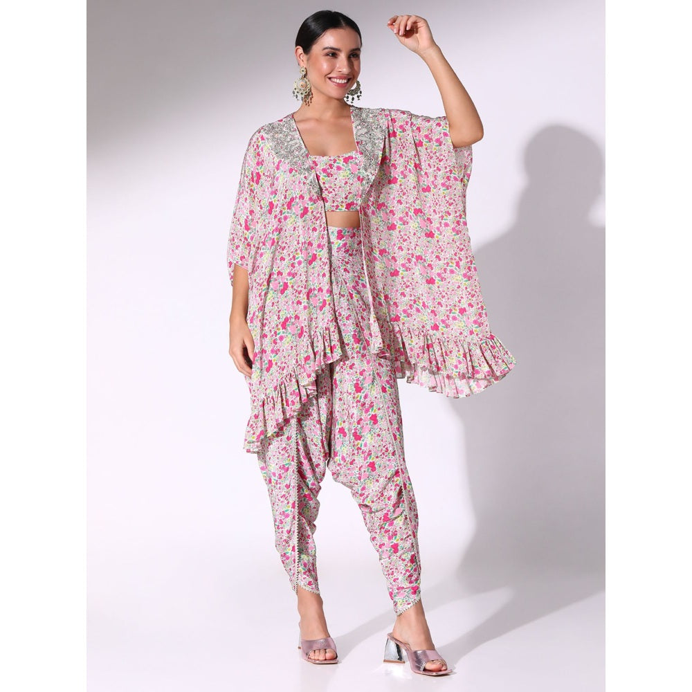 Sakshi Girri Pink Ruffled Kaftan with Bustier and Dhoti Pant (Set of 3)