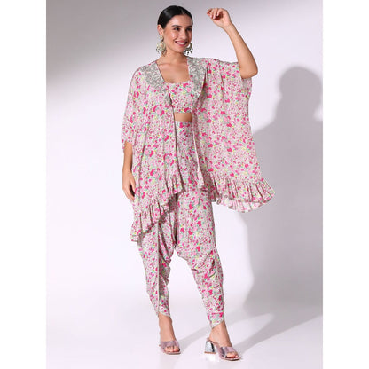 Sakshi Girri Pink Ruffled Kaftan with Bustier and Dhoti Pant (Set of 3)