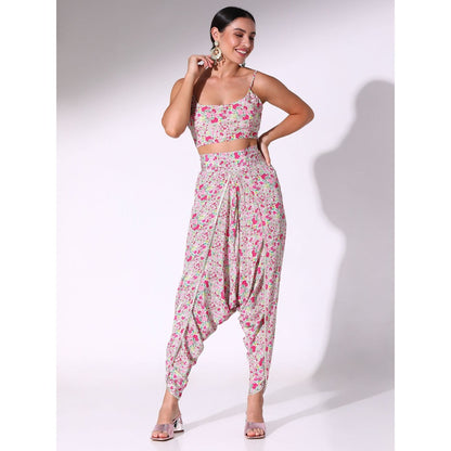 Sakshi Girri Pink Ruffled Kaftan with Bustier and Dhoti Pant (Set of 3)