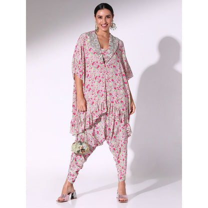 Sakshi Girri Pink Ruffled Kaftan with Bustier and Dhoti Pant (Set of 3)