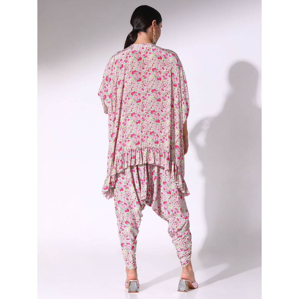 Sakshi Girri Pink Ruffled Kaftan with Bustier and Dhoti Pant (Set of 3)