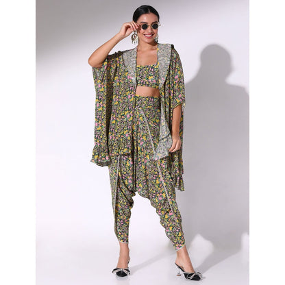 Sakshi Girri Black Ruffled Kaftan with Bustier and Dhoti Pant (Set of 3)