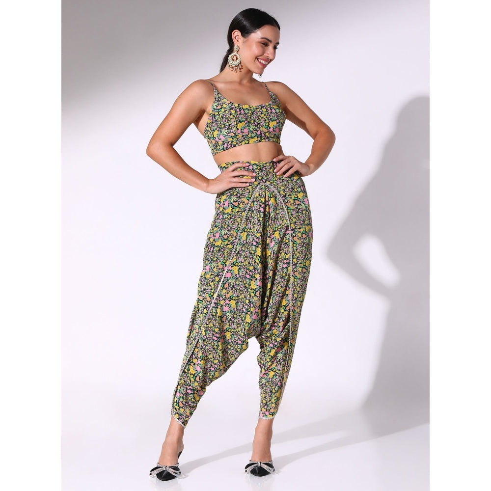 Sakshi Girri Black Ruffled Kaftan with Bustier and Dhoti Pant (Set of 3)