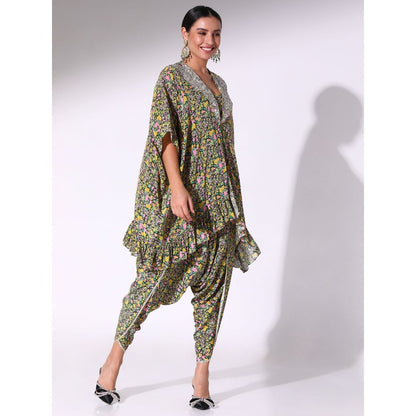 Sakshi Girri Black Ruffled Kaftan with Bustier and Dhoti Pant (Set of 3)