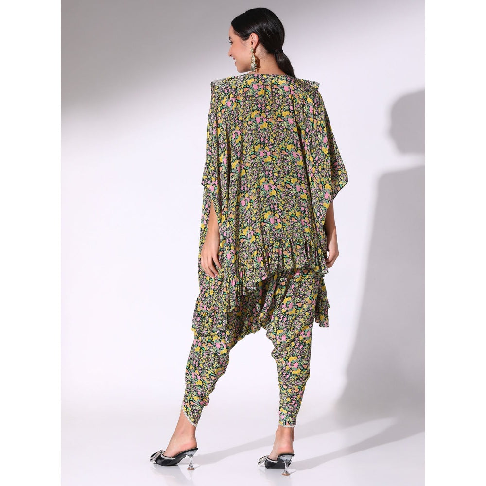 Sakshi Girri Black Ruffled Kaftan with Bustier and Dhoti Pant (Set of 3)