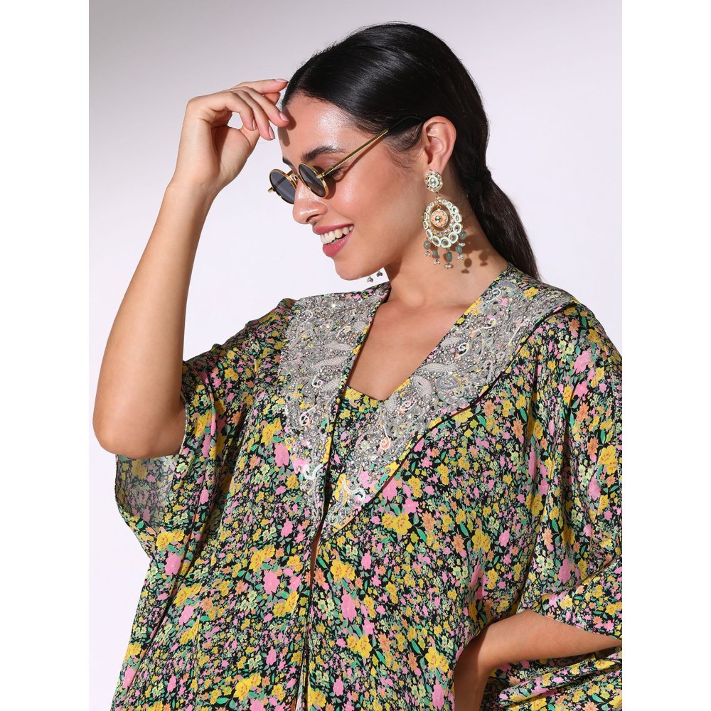 Sakshi Girri Black Ruffled Kaftan with Bustier and Dhoti Pant (Set of 3)