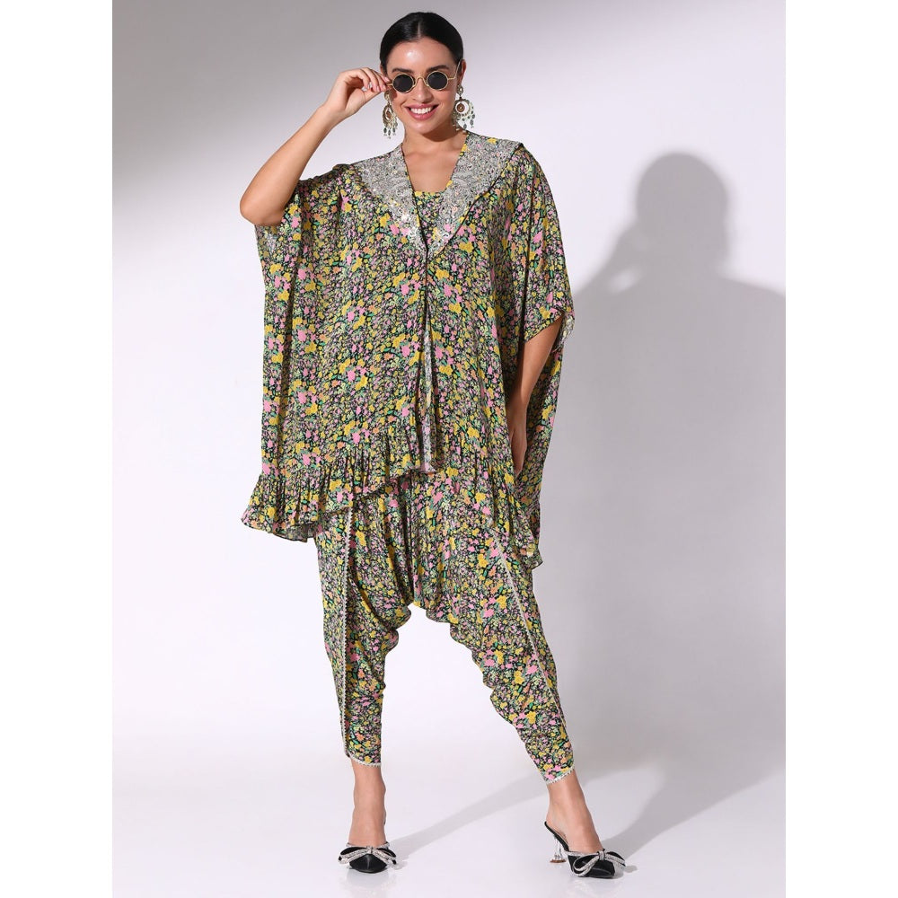 Sakshi Girri Black Ruffled Kaftan with Bustier and Dhoti Pant (Set of 3)