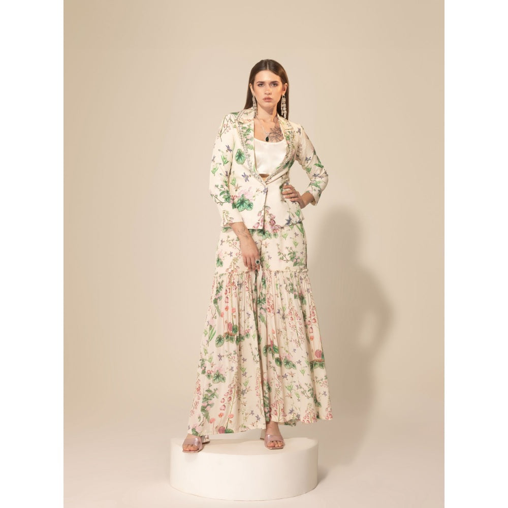 Sakshi Girri Ivory Botanical Printed Blazer with Sharara (Set of 2)
