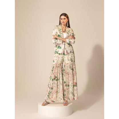 Sakshi Girri Ivory Botanical Printed Blazer with Sharara (Set of 2)