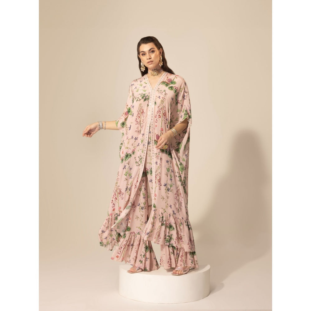 Sakshi Girri Blush Pink Botanical Long Kaftan with Sharara (Set of 2)