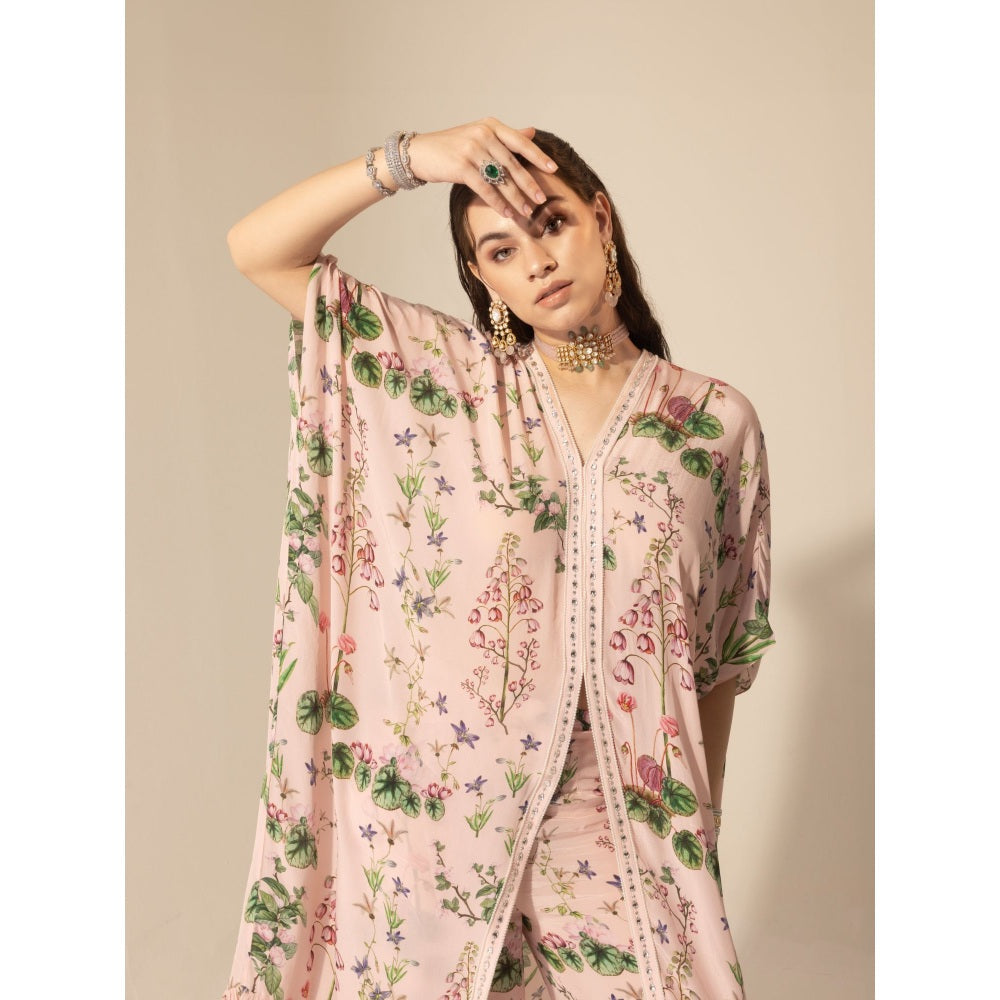 Sakshi Girri Blush Pink Botanical Long Kaftan with Sharara (Set of 2)