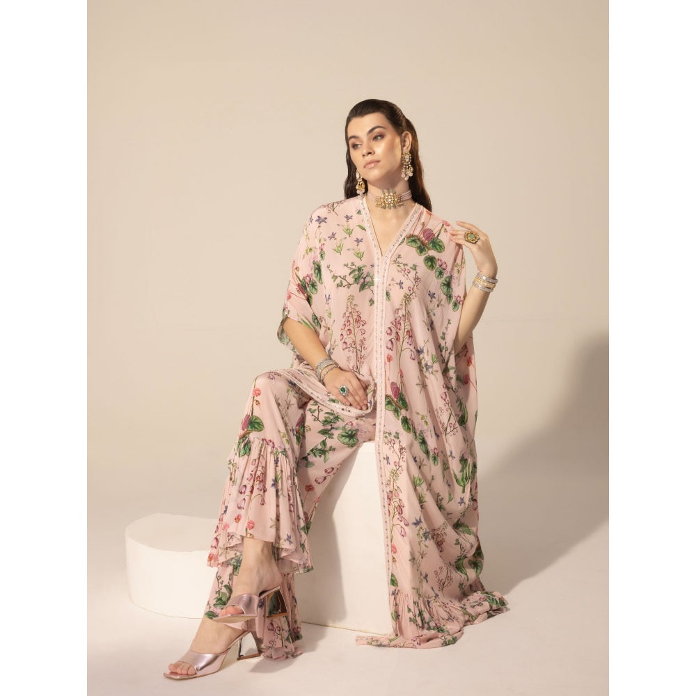 Sakshi Girri Blush Pink Botanical Long Kaftan with Sharara (Set of 2)