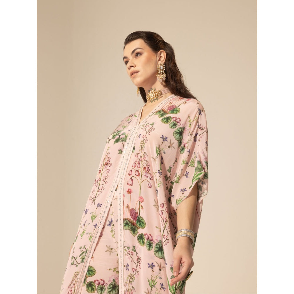 Sakshi Girri Blush Pink Botanical Long Kaftan with Sharara (Set of 2)