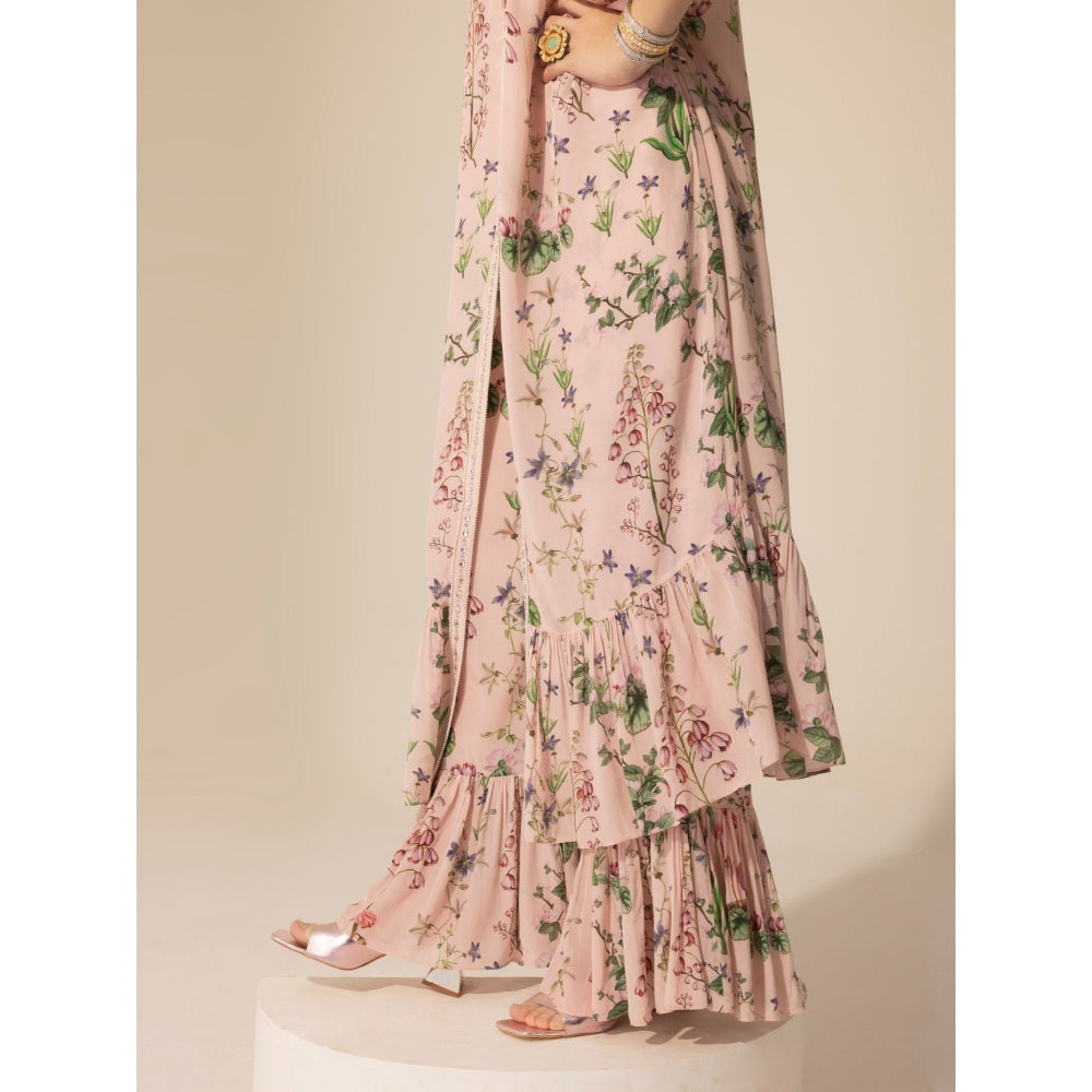 Sakshi Girri Blush Pink Botanical Long Kaftan with Sharara (Set of 2)
