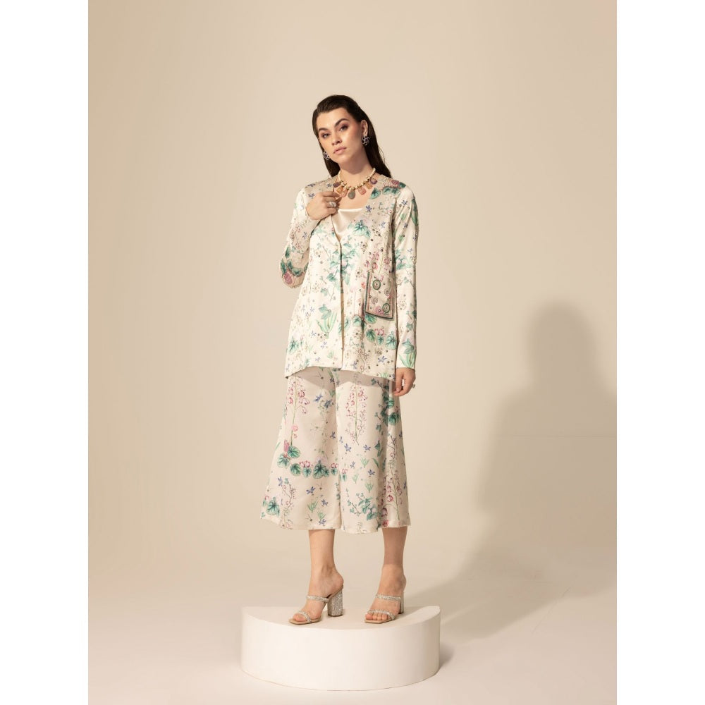 Sakshi Girri Beige Botanical Embellished Top with Culottes (Set of 2)