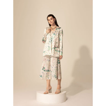 Sakshi Girri Beige Botanical Embellished Top with Culottes (Set of 2)
