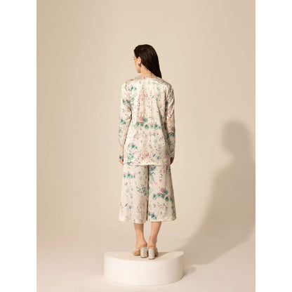 Sakshi Girri Beige Botanical Embellished Top with Culottes (Set of 2)
