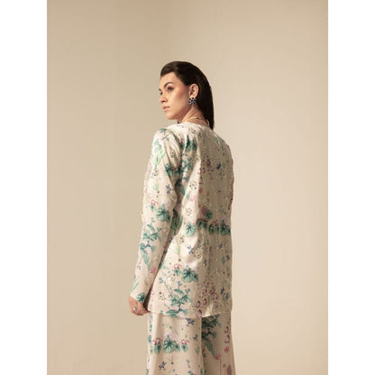 Sakshi Girri Beige Botanical Embellished Top with Culottes (Set of 2)
