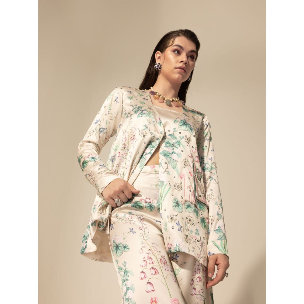 Sakshi Girri Beige Botanical Embellished Top with Culottes (Set of 2)