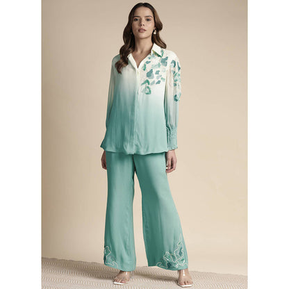 SAKSHI KHETTERPAL Mint Green Ombre Shoulder Embroidered Co-Ord (Set of 2)