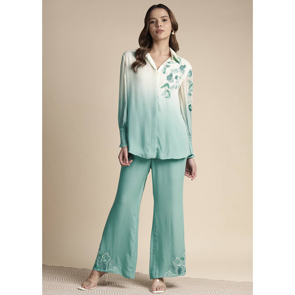 SAKSHI KHETTERPAL Mint Green Ombre Shoulder Embroidered Co-Ord (Set of 2)