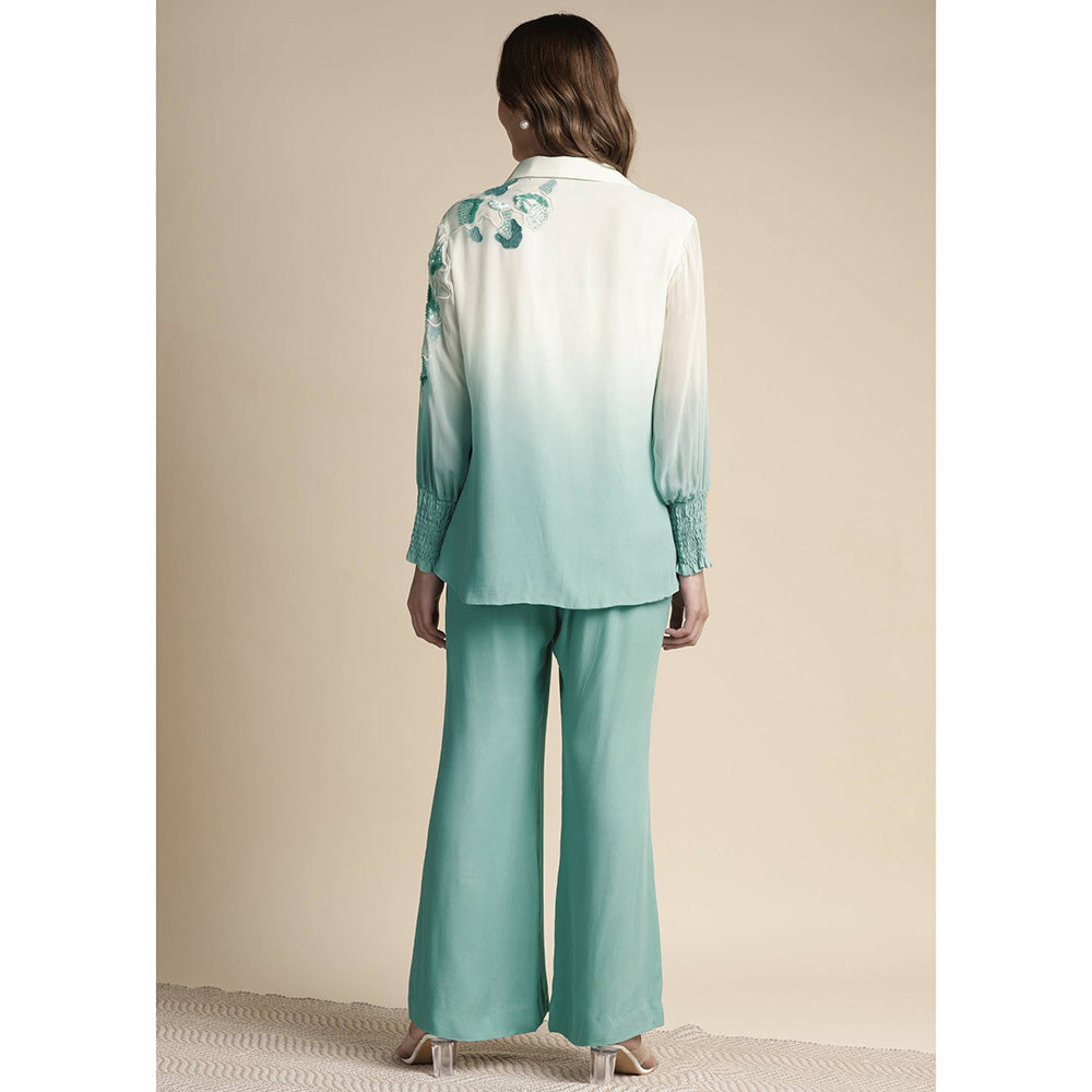 SAKSHI KHETTERPAL Mint Green Ombre Shoulder Embroidered Co-Ord (Set of 2)