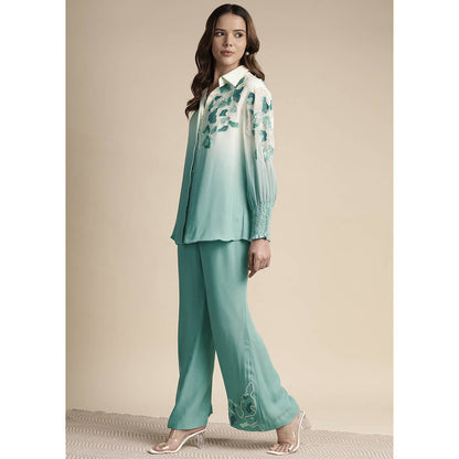 SAKSHI KHETTERPAL Mint Green Ombre Shoulder Embroidered Co-Ord (Set of 2)