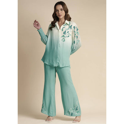 SAKSHI KHETTERPAL Mint Green Ombre Shoulder Embroidered Co-Ord (Set of 2)