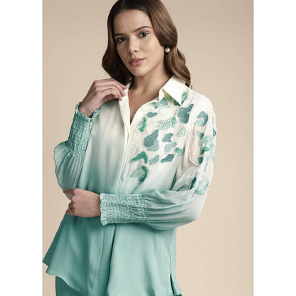SAKSHI KHETTERPAL Mint Green Ombre Shoulder Embroidered Co-Ord (Set of 2)