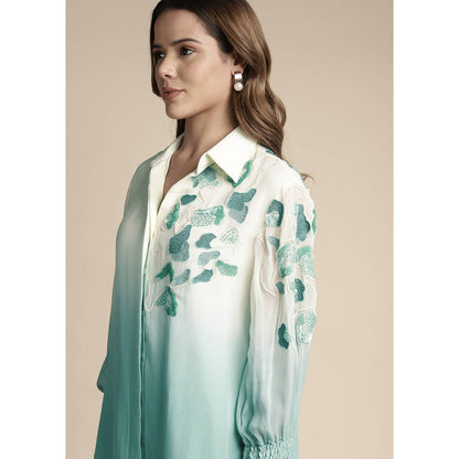 SAKSHI KHETTERPAL Mint Green Ombre Shoulder Embroidered Co-Ord (Set of 2)