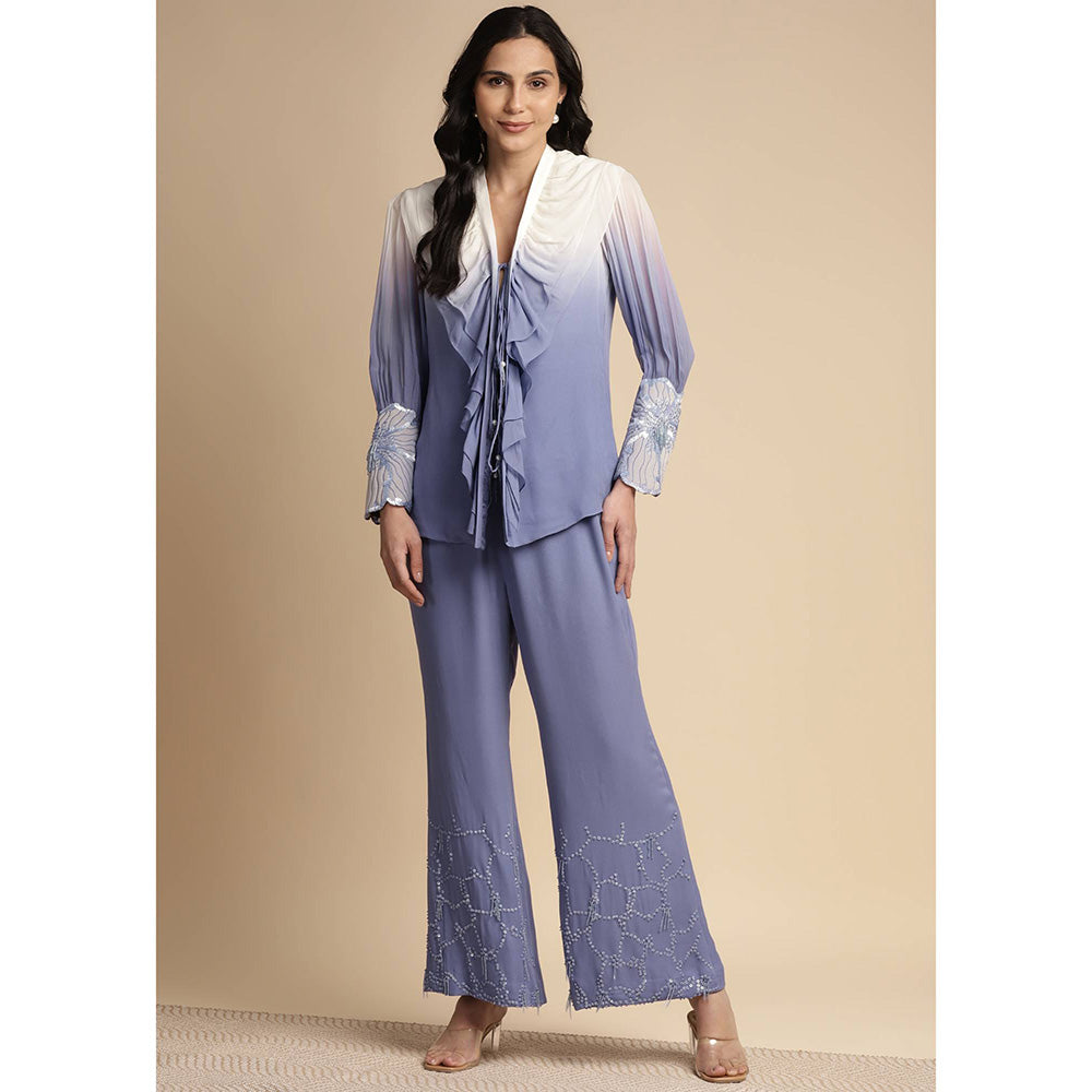 SAKSHI KHETTERPAL Very Peri Purple Ombre Ruffle Tie-Up Co-Ord (Set of 2)