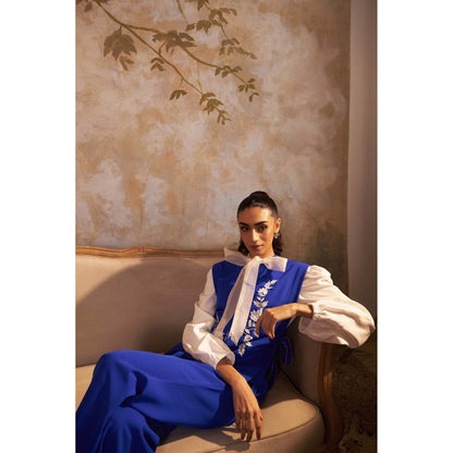 SAKSHI G CHAWLA Blue Rosa Waistcoat with Shirt and Pant