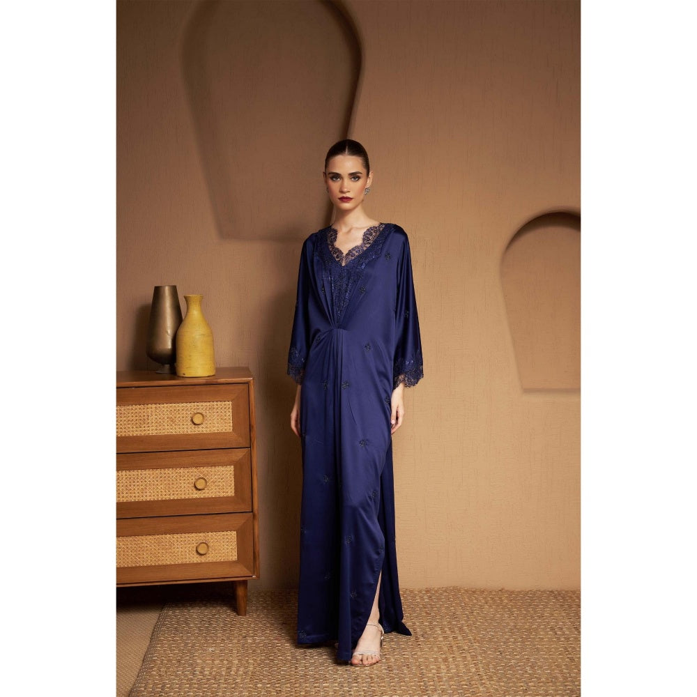 SAKSHI G CHAWLA Crepe V-Neck Navy Blue Embroidered Kaftan Dress
