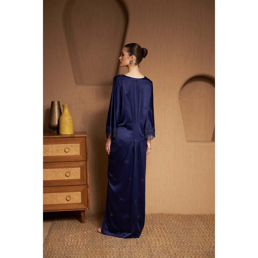 SAKSHI G CHAWLA Crepe V-Neck Navy Blue Embroidered Kaftan Dress