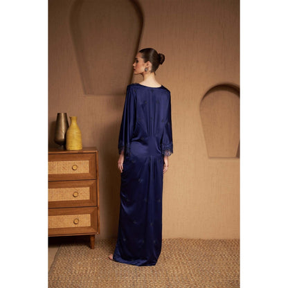 SAKSHI G CHAWLA Crepe V-Neck Navy Blue Embroidered Kaftan Dress
