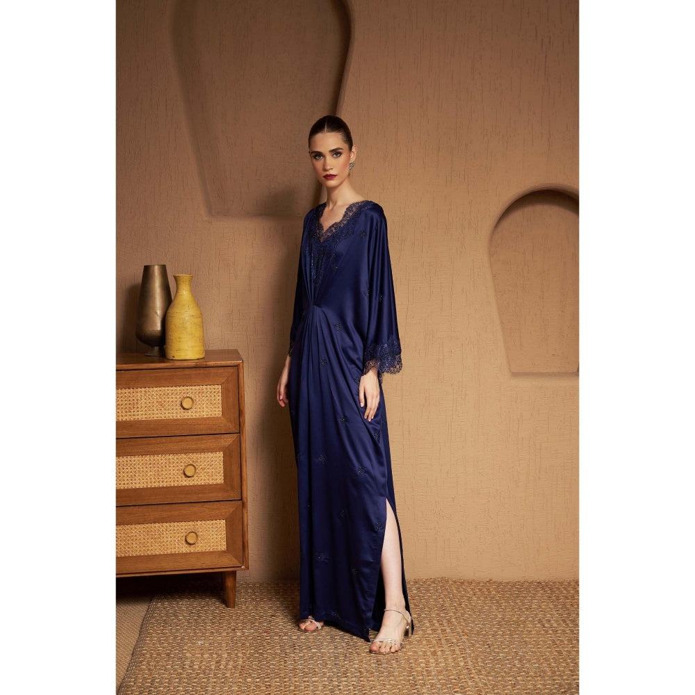 SAKSHI G CHAWLA Crepe V-Neck Navy Blue Embroidered Kaftan Dress