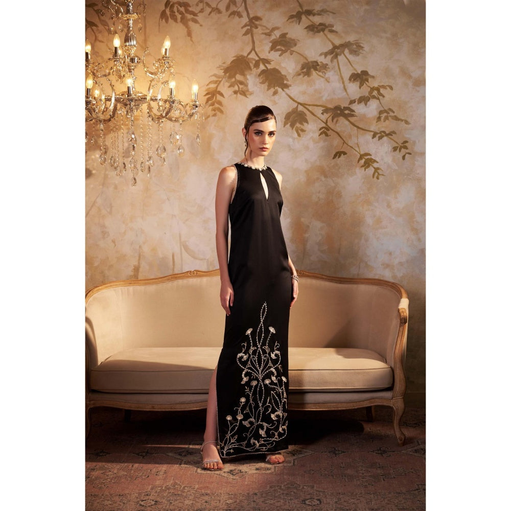 SAKSHI G CHAWLA Crepe Boat Neck Black Embroidered Dress