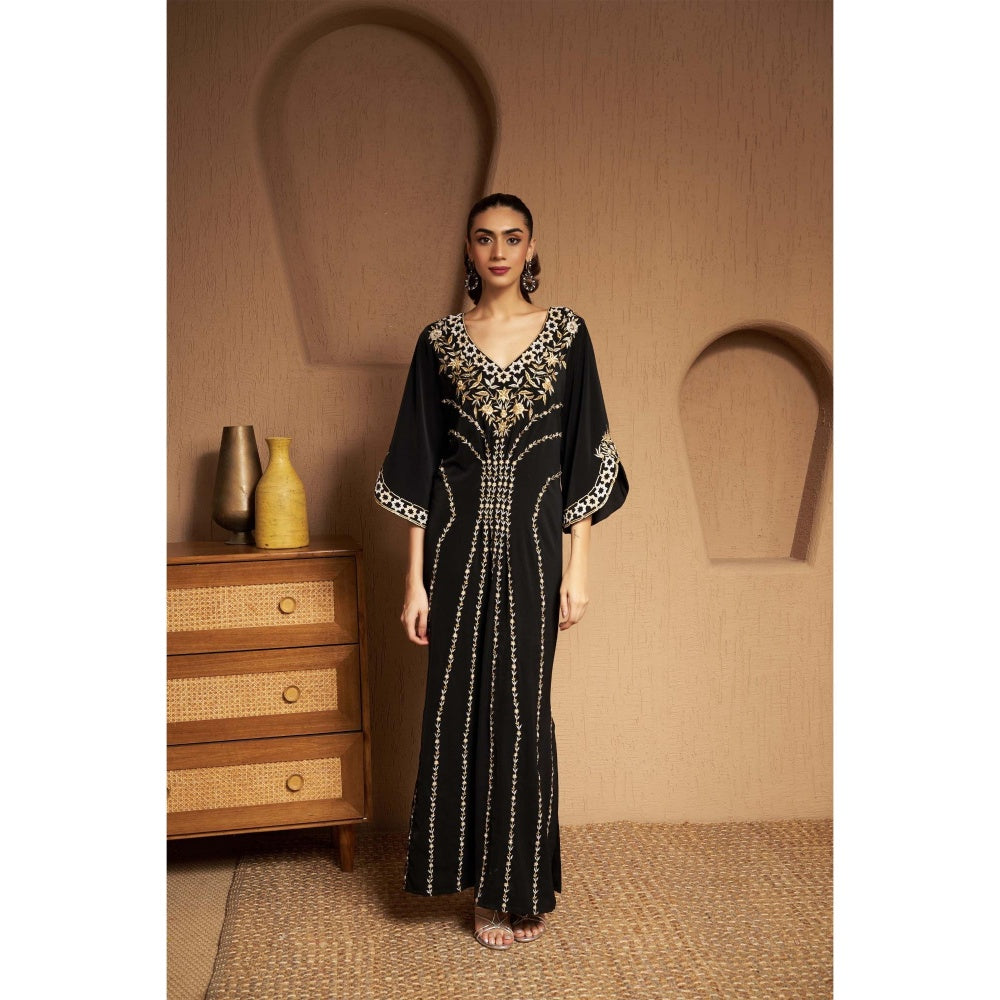 SAKSHI G CHAWLA Crepe V-Neck Black Embroidered Kaftan Dress