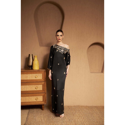 SAKSHI G CHAWLA Crepe Off Shoulder Black Embroidered Kaftan Dress