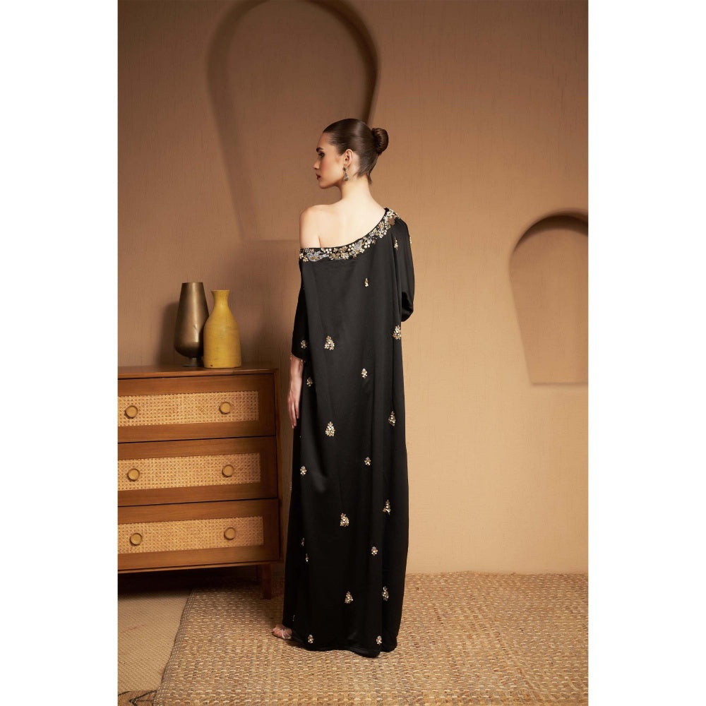 SAKSHI G CHAWLA Crepe Off Shoulder Black Embroidered Kaftan Dress