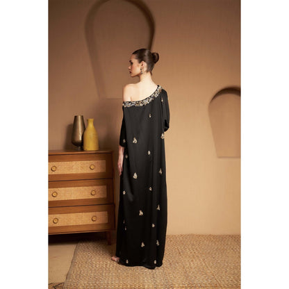 SAKSHI G CHAWLA Crepe Off Shoulder Black Embroidered Kaftan Dress