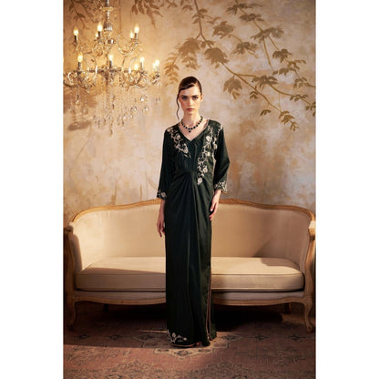 SAKSHI G CHAWLA Satin V-Neck Green Floral Kaftan Dress
