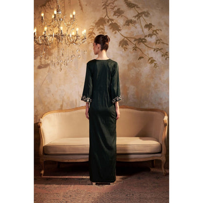 SAKSHI G CHAWLA Satin V-Neck Green Floral Kaftan Dress