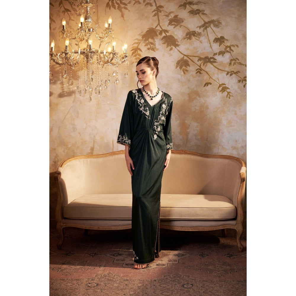 SAKSHI G CHAWLA Satin V-Neck Green Floral Kaftan Dress