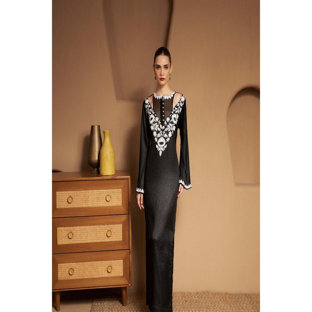SAKSHI G CHAWLA Lurex V-Neck Black Embroidered Kaftan Dress